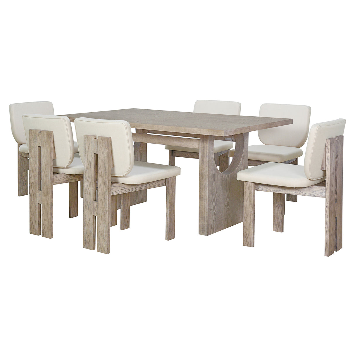 TREXM 7-Piece Retro Dining Set with Trestle Table and 6 Upholstered Chairs (Natural Wood Wash)