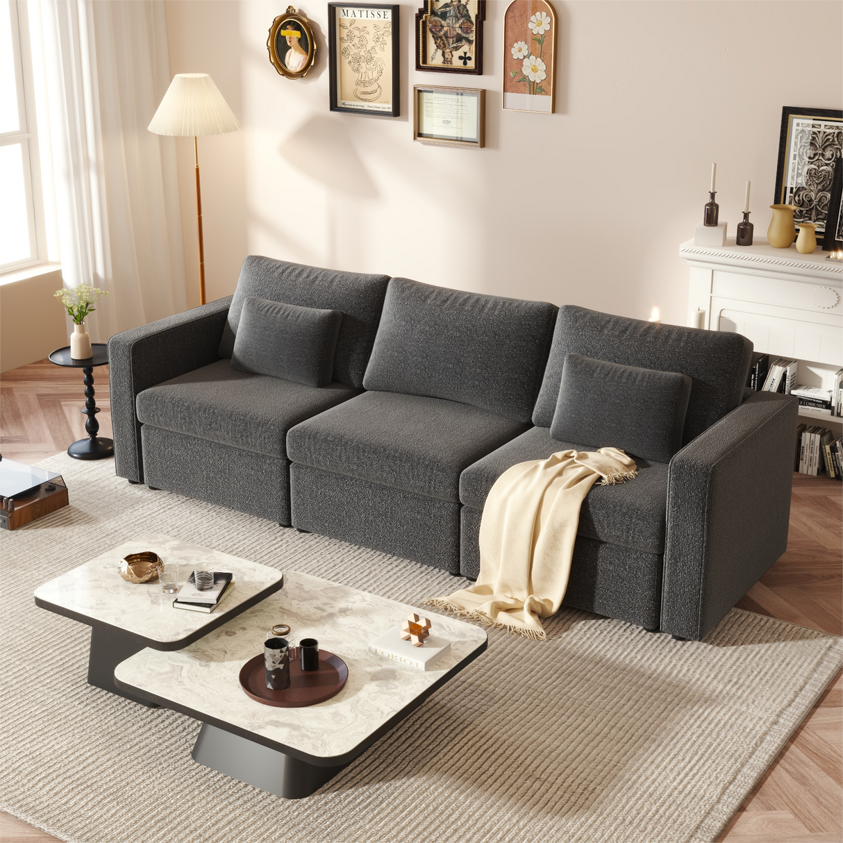 Modern Cotton Linen Modular Sectional Sofa, with Pillows - Dark Gray