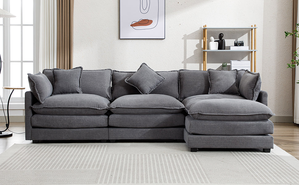 112.2" Chenille Upholstered Sofa with Ottoman and 5 Pillows - Gray