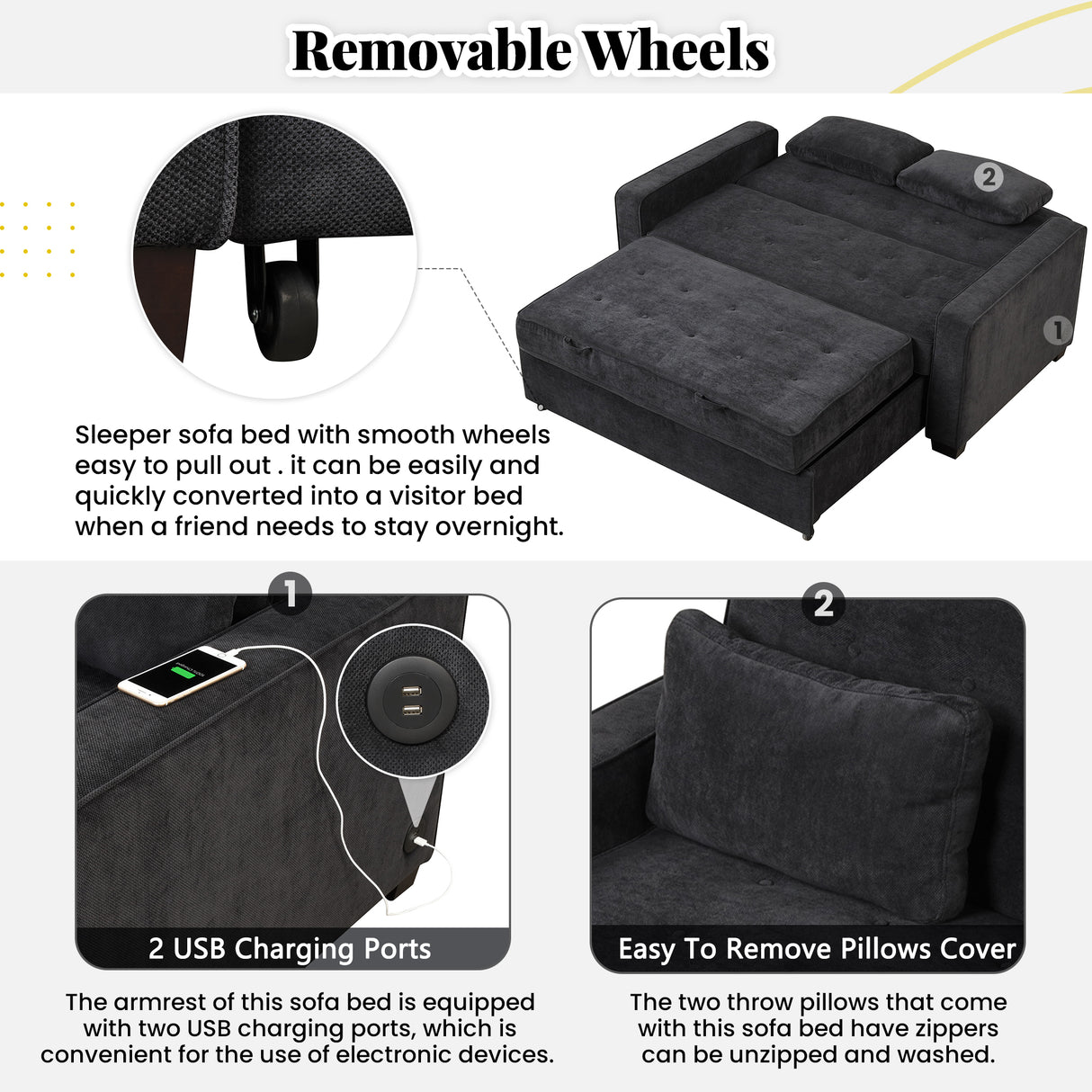 66.5" Upholstered Loveseat With Pull Out Bed, Two Throw Pillows, Dual USB Charging Port and Adjustable Backrest - Black