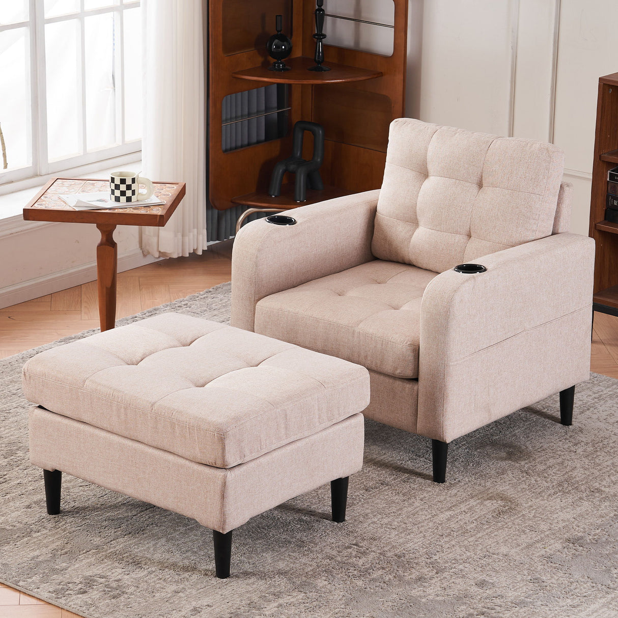 Upholstered Armchair And Storage Ottoman Set, Comfortable Single Sofa With Cup Holders And Tufted Detailing, Ideal For Living Room Or Bedroom