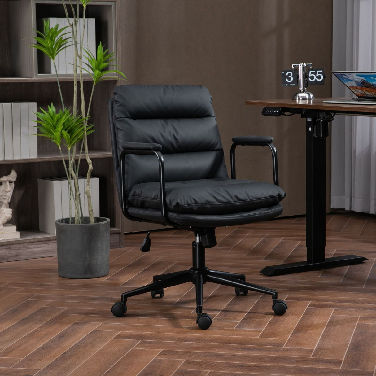 Office Chair, Mid Back Home Office Desk Task Chair With Wheels And Arms Ergonomic PU Leather Computer Rolling Swivel Chair With Padded Armrest