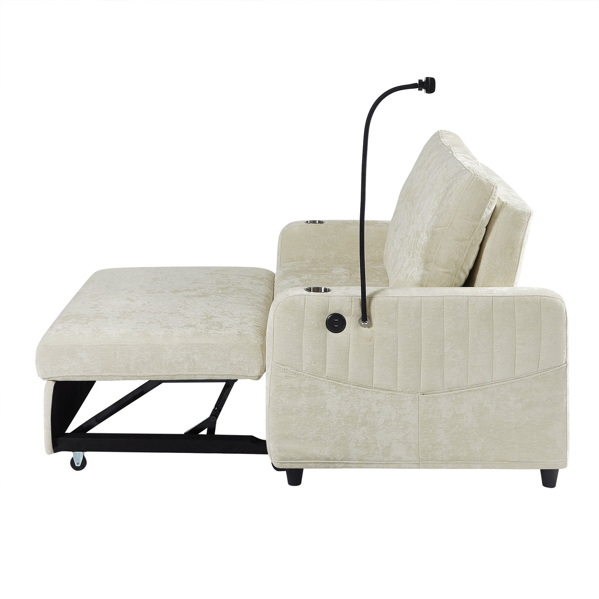 53.9" Modern Sleeper Loveseat with Adjustable Backrest, Two Cup Holders, Phone Holder, Three Charging Ports and Side Storage Pocket , Beige