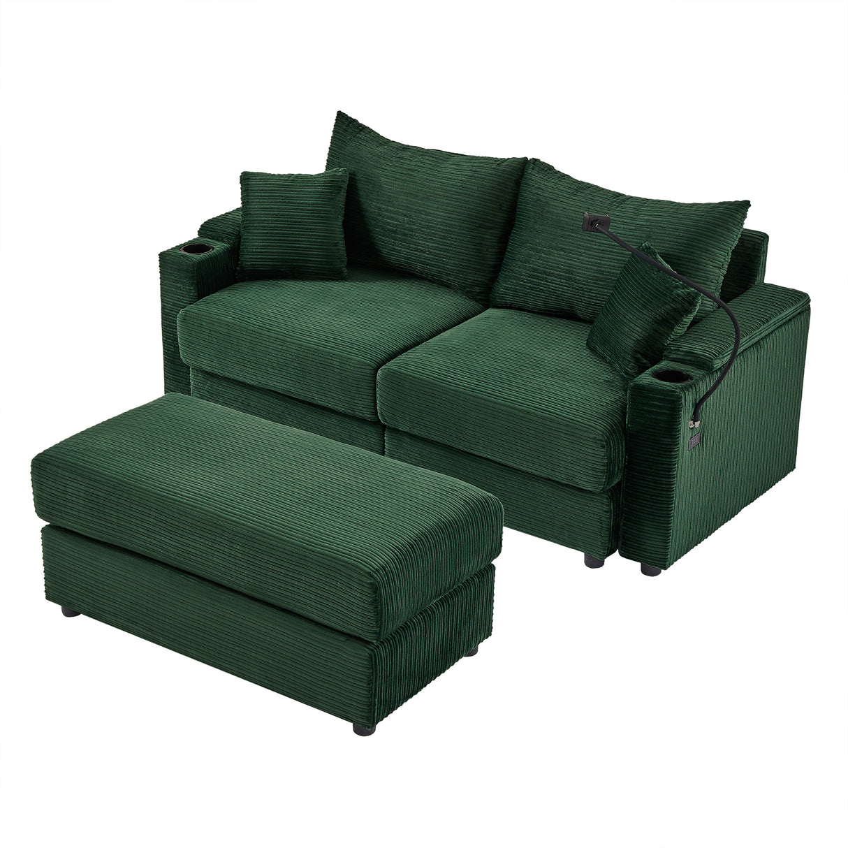 72.8" Modern Style Loveseat with Storage Space, Movable Ottoman, Two USB Ports, Two Cup Holders and Phone Holder - Green