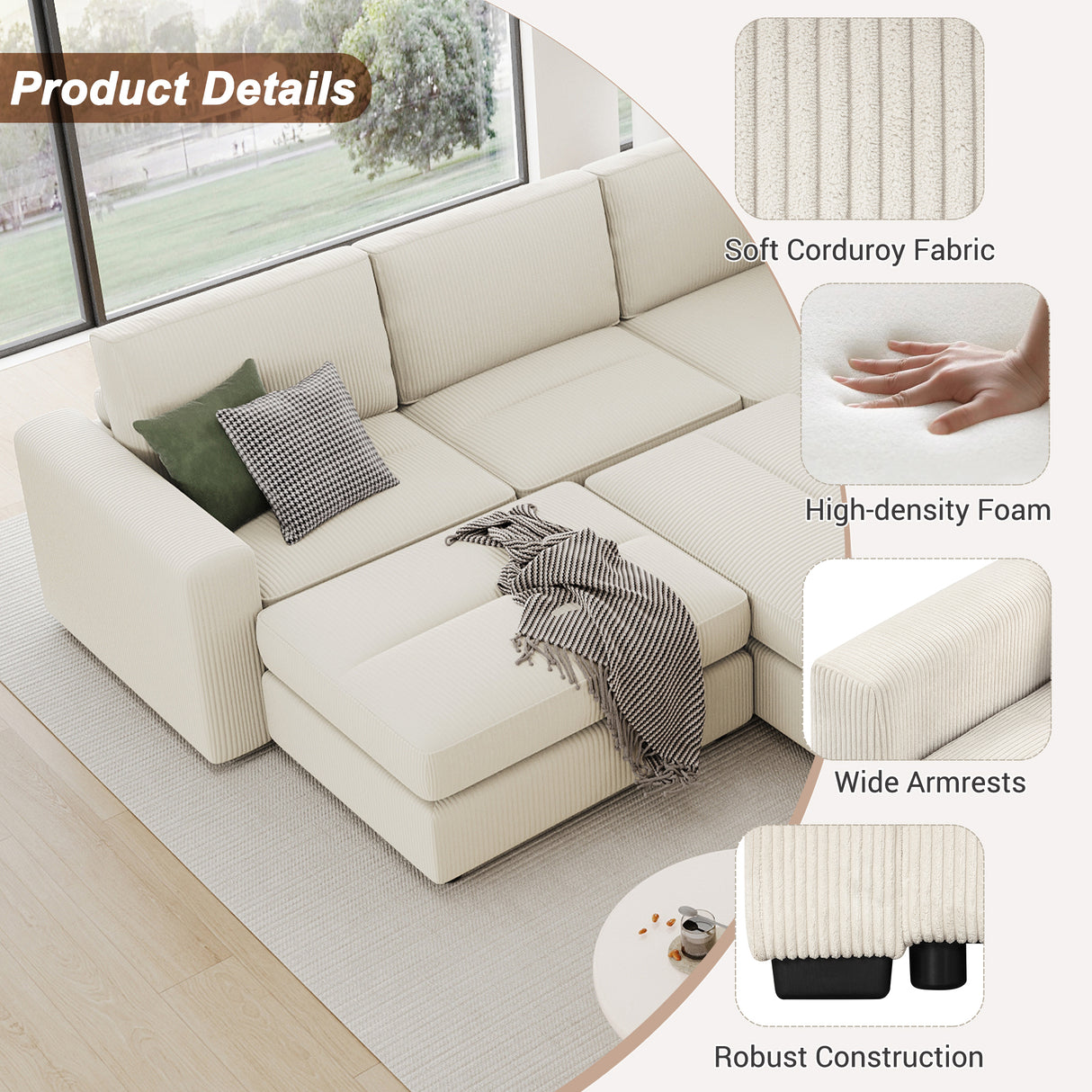 121.3" Modular Sectional Sofa with Two Movable Ottomans,  Beige