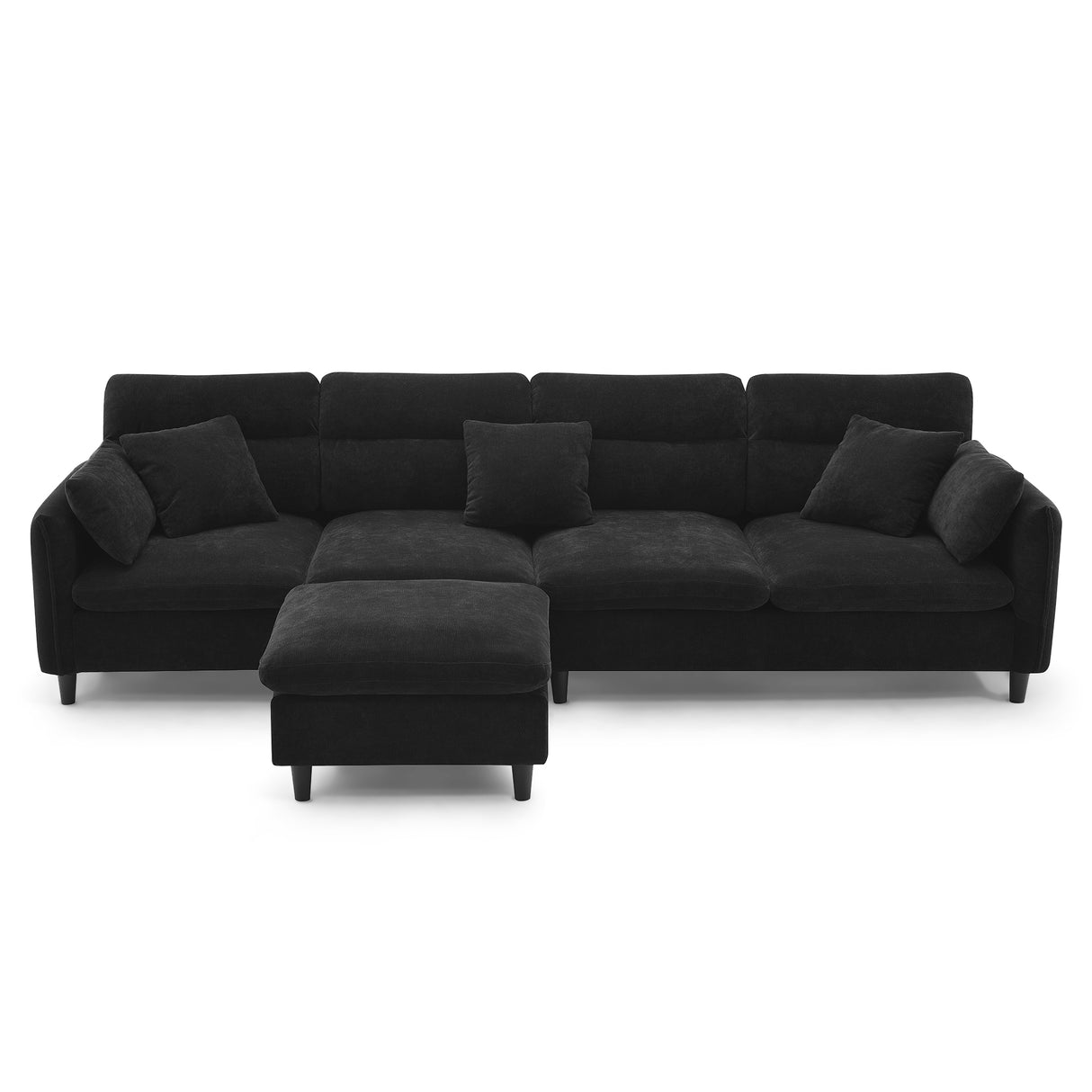 Modern Convertible Sectional Sofa with Pillows and Ottoman - Black