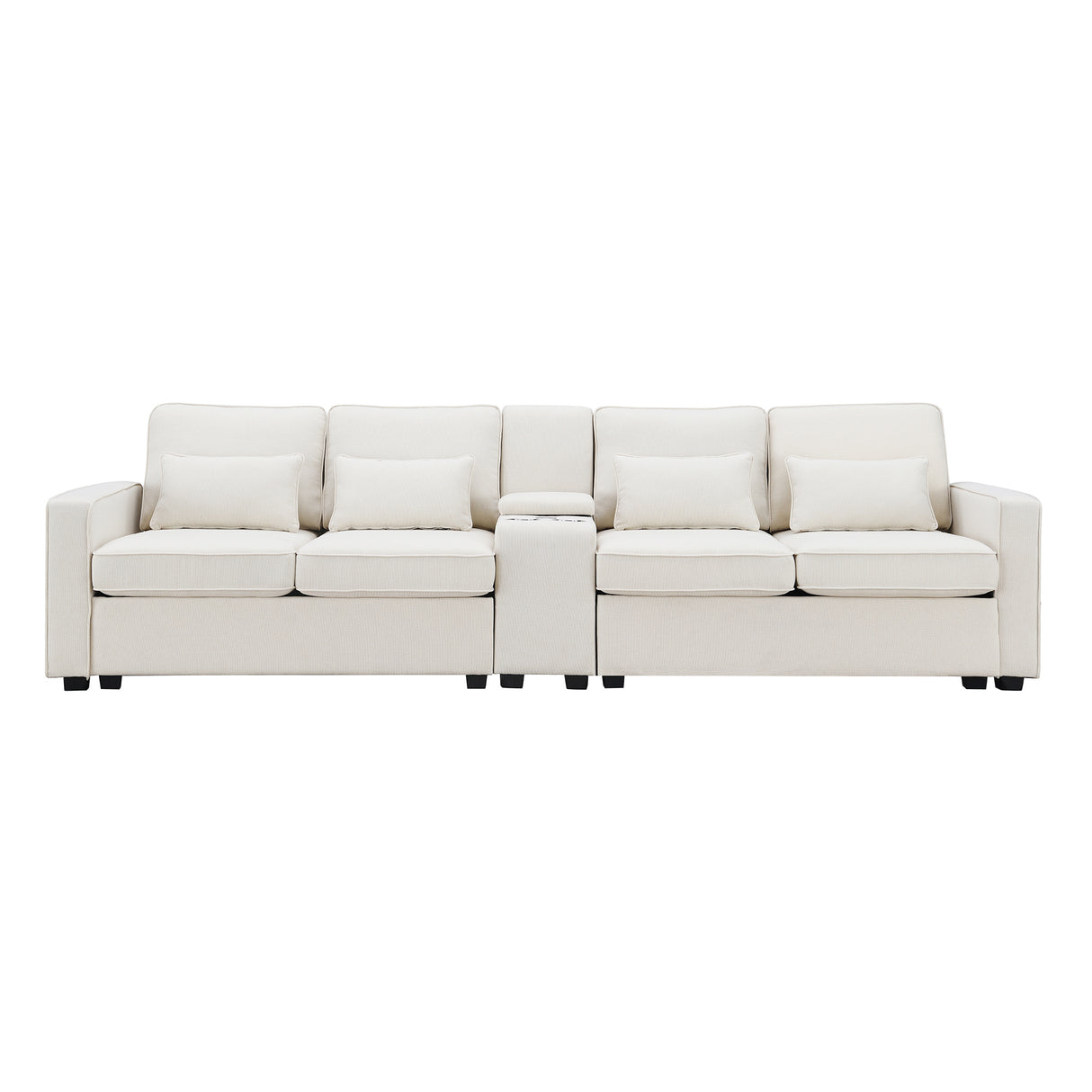 114.2" Upholstered Sofa with Console, 2 Cupholders and 2 USB Ports for Wired or Wireless Charge with 4 Pillows - Beige