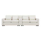 114.2" Upholstered Sofa with Console, 2 Cupholders and 2 USB Ports for Wired or Wireless Charge with 4 Pillows - Beige