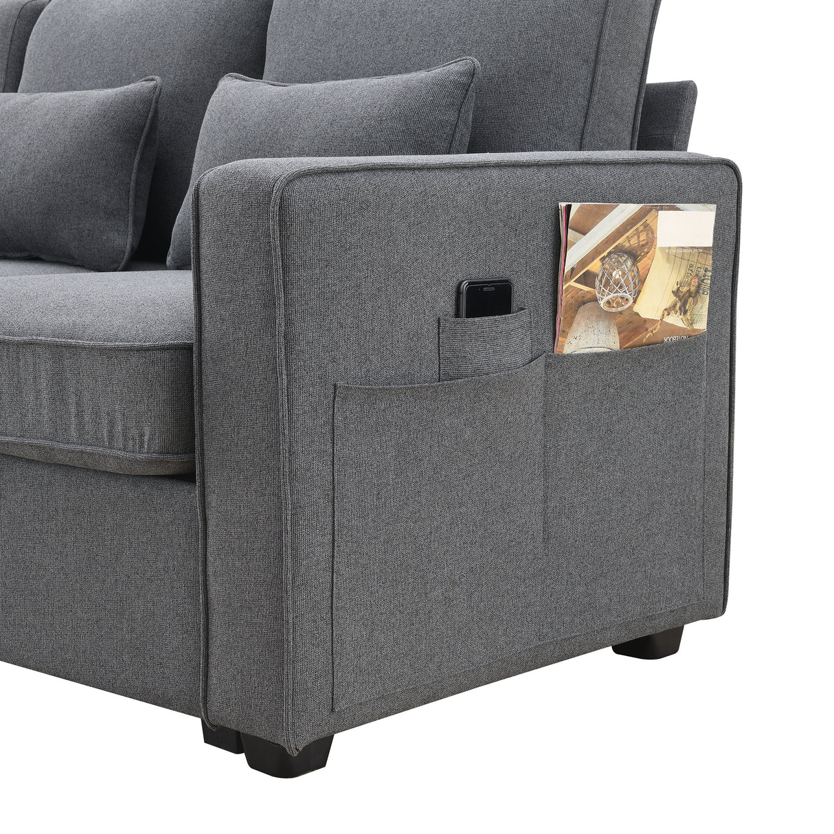 114.2" Upholstered Sofa with Console, 2 Cupholders, 2 USB Ports for Wired or Wireless Charge with 4 Pillows - Charcoal Gray