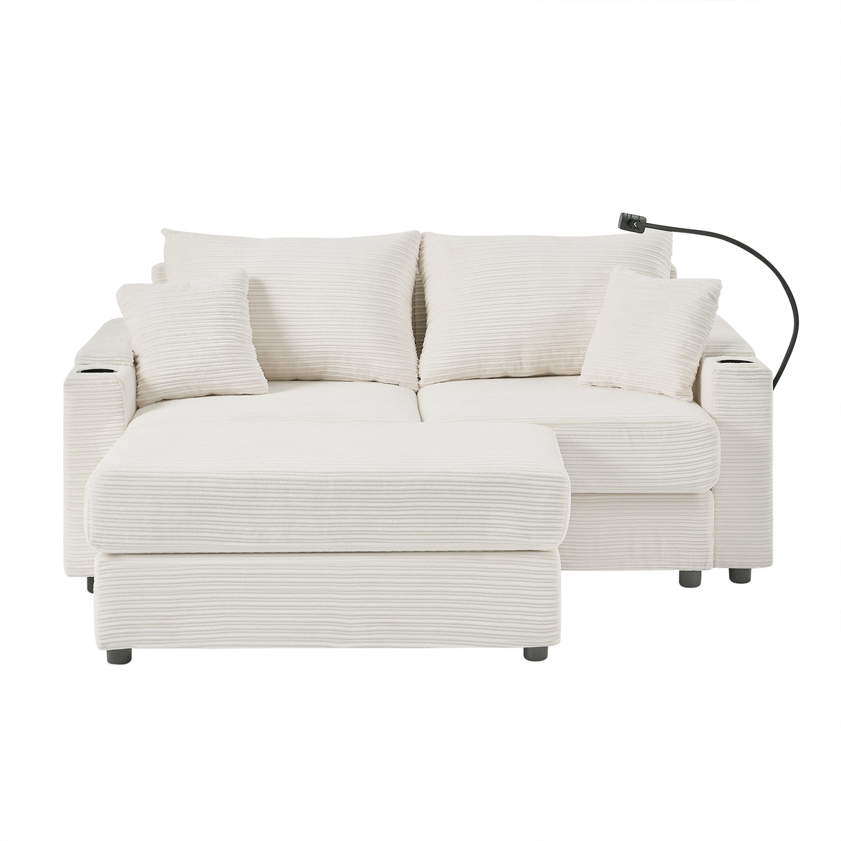 72.8" Modern Style Loveseat with Storage Space, Movable Ottoman, Two USB Ports, Two Cup Holders and Phone Holder - Beige