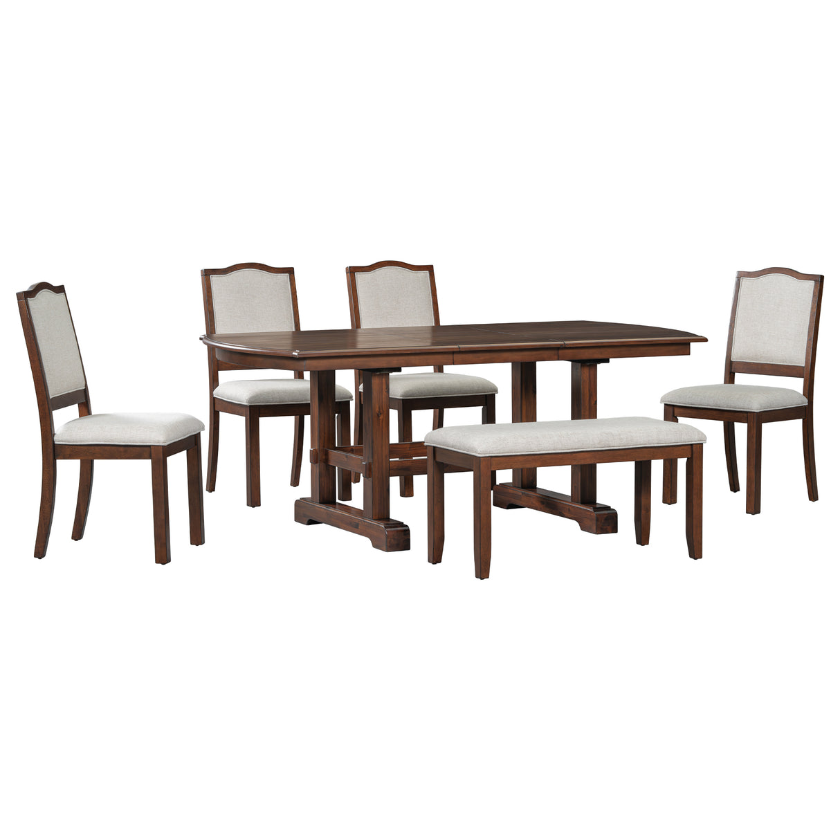 6-Piece Dining room Set With One extending Leaf, Upholstered bench and Chairs - Cherry