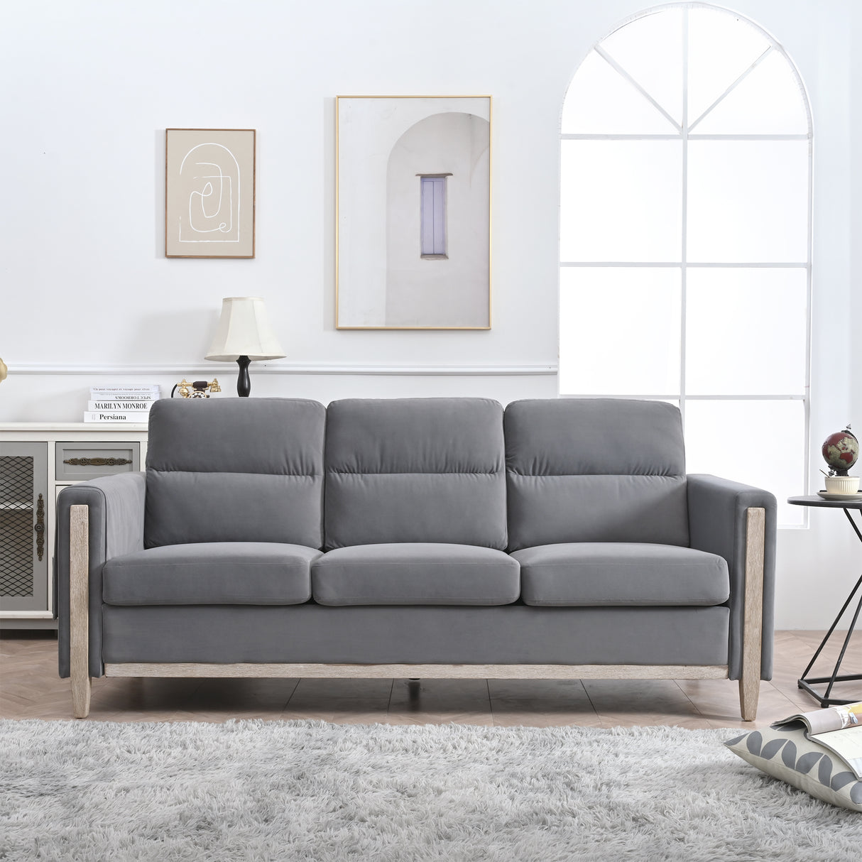 Comfortable Solid Wood Sofa with Soft Cushions - Gray