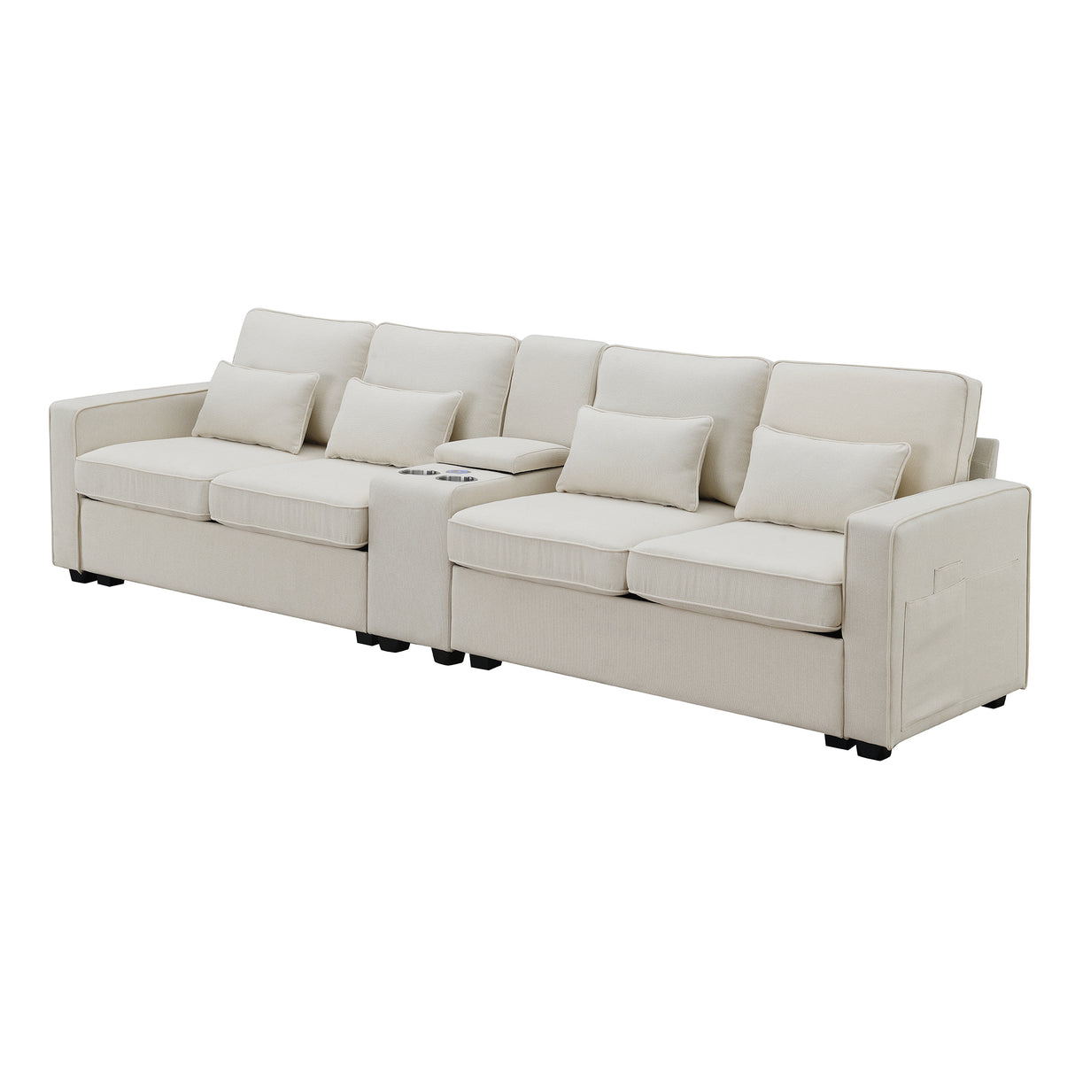 114.2" Upholstered Sofa with Console, 2 Cupholders and 2 USB Ports for Wired or Wireless Charge with 4 Pillows - Beige