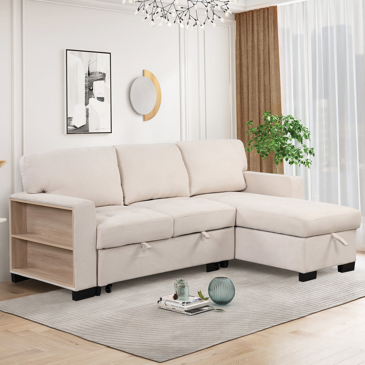 Sleeper Sofa Chaise with Storage  and USB Charger - Beige