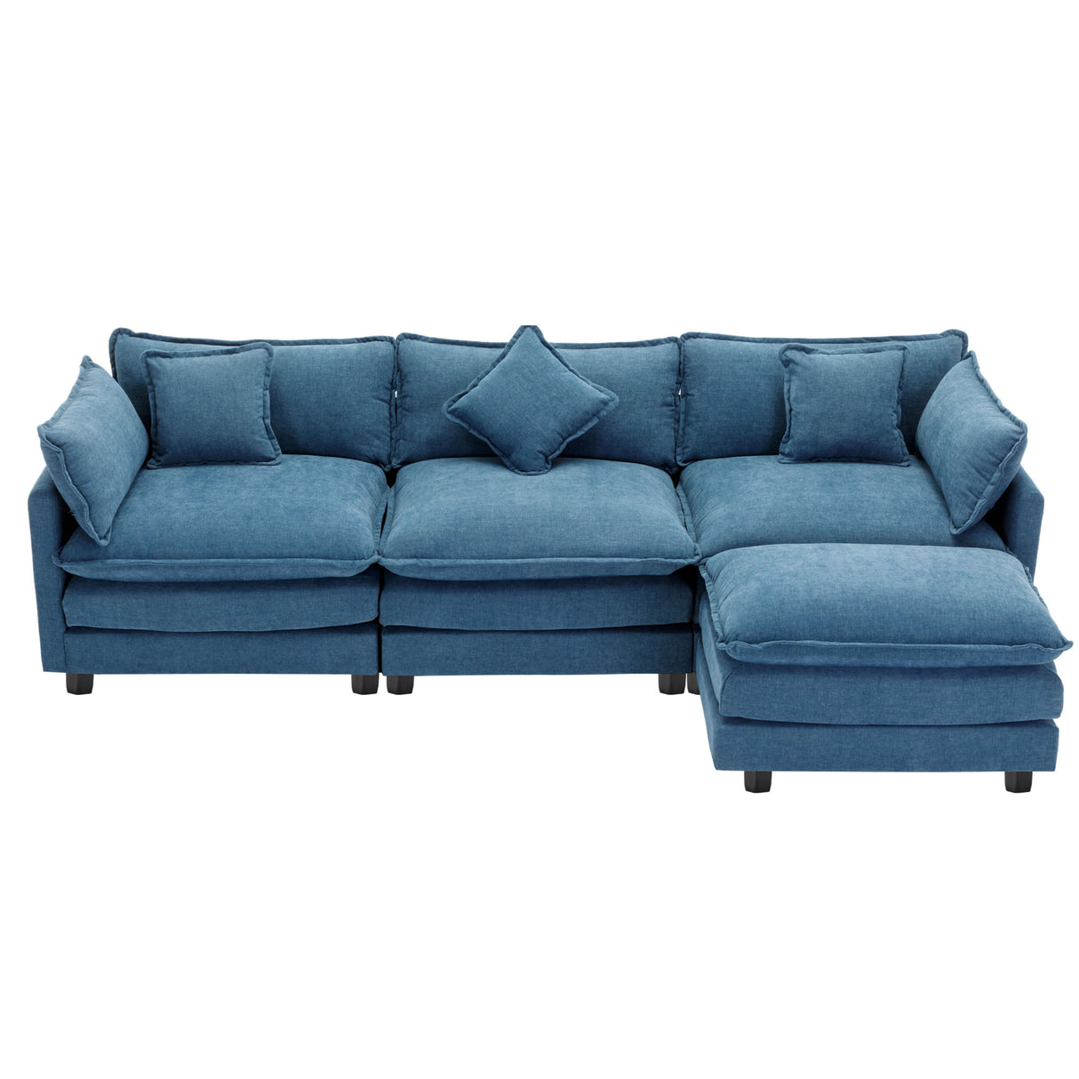 112.2" Chenille Upholstered Sofa with Ottoman and 5 Pillows - Blue