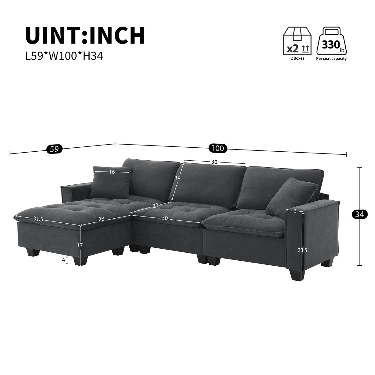 Modern Sectional Sofa with Pillow sand Ottoman - Dark Gray