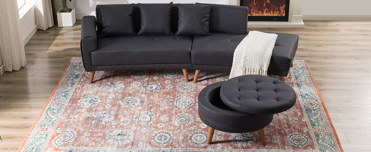 107" Contemporary Sofa with a Round Storage Ottoman and Three Removable Pillows - Black