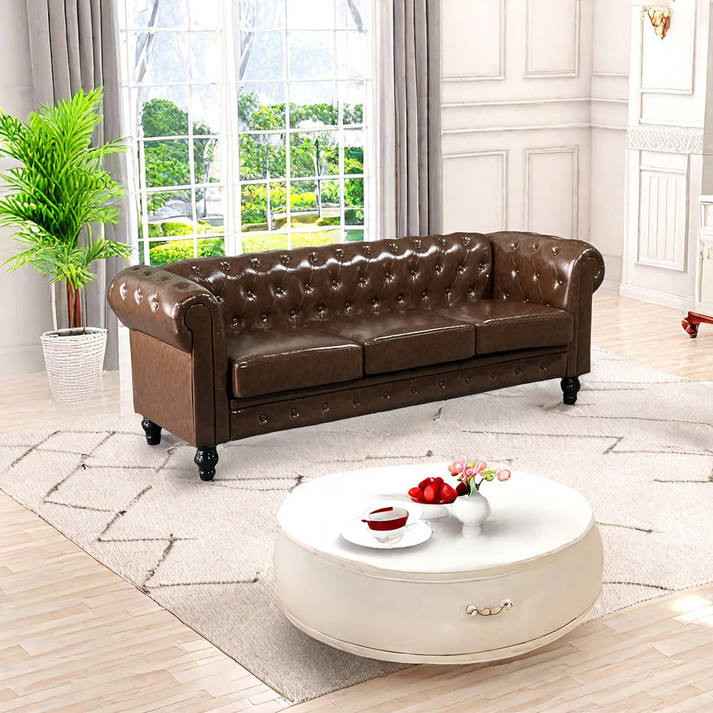 PU Upholstered Tufted Sofa - Brown