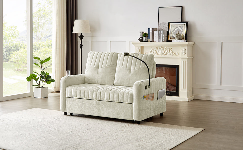 53.9" Modern Sleeper Loveseat with Adjustable Backrest, Two Cup Holders, Phone Holder, Three Charging Ports and Side Storage Pocket , Beige