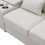 114.2" Upholstered Sofa with Console, 2 Cupholders and 2 USB Ports for Wired or Wireless Charge with 4 Pillows - Beige