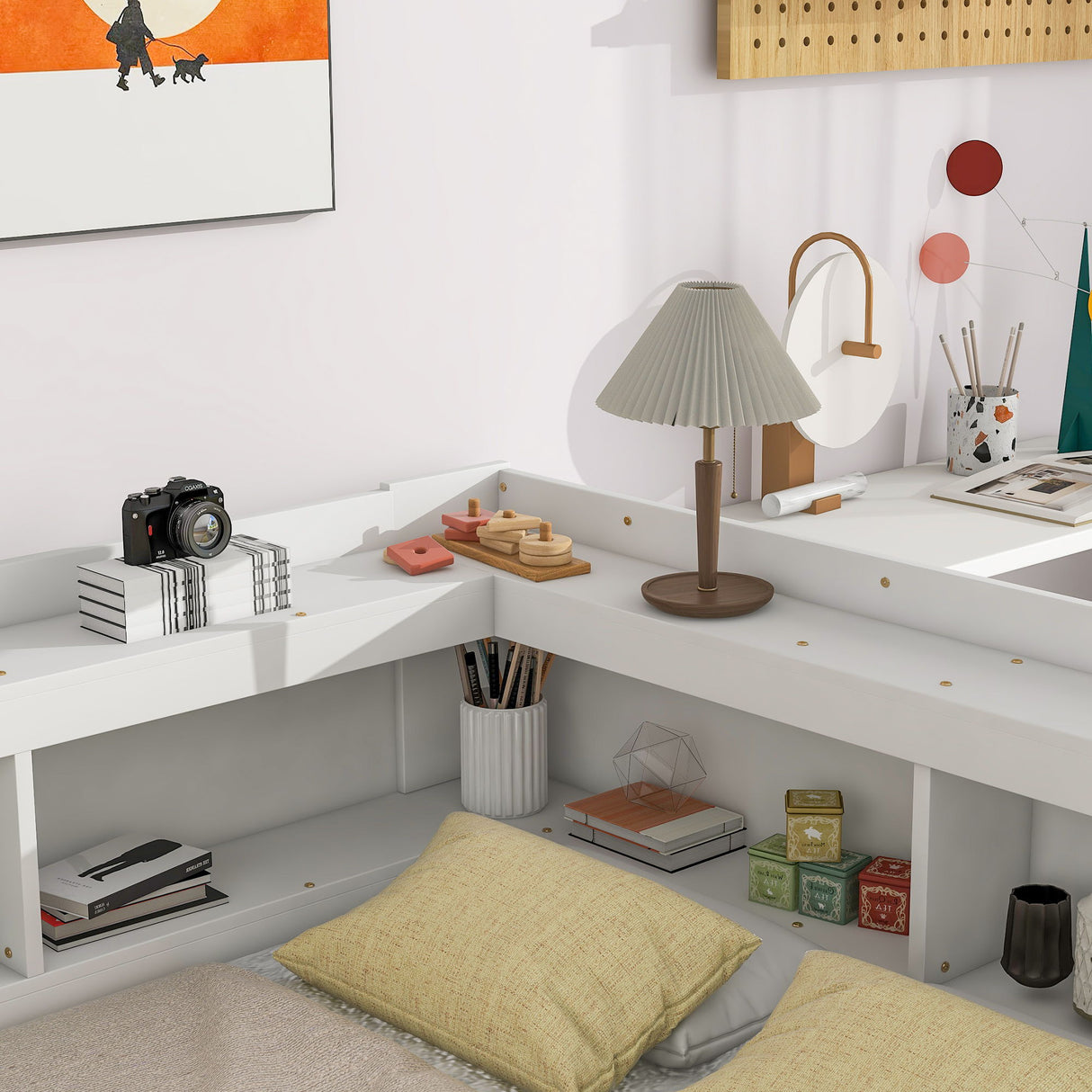 Full Bed With L-Shaped Bookcases, Drawers