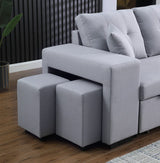 Dennis - Linen Fabric Reversible Sleeper Sectional With Storage Chaise And 2 Stools