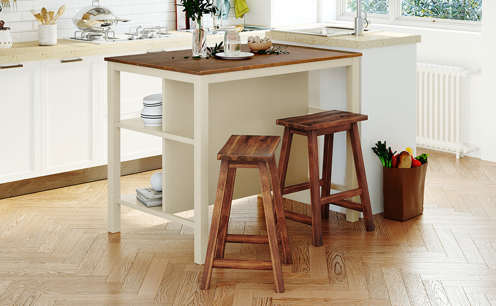 Rustic 3-piece 45" Stationary Kitchen Island Set with 2 Stools and 2 Open Shelves - Walnut + Off White