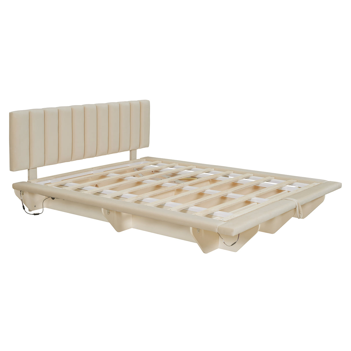 Queen Size Upholstered Floating Bed with LED Light and USB Port - Velvet Beige