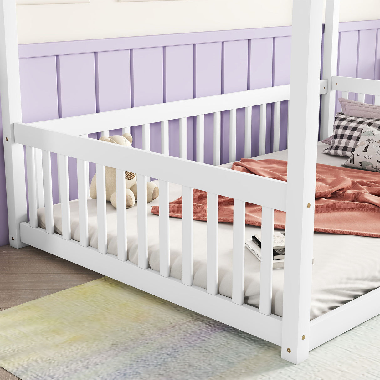 Canopy Frame Floor Bed With Fence, Guardrails