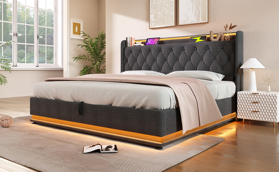 King Upholstered Bed With 360 Surround LED, Remote Control, Hydraulic Storagew and USB Type-C Charging - Gray