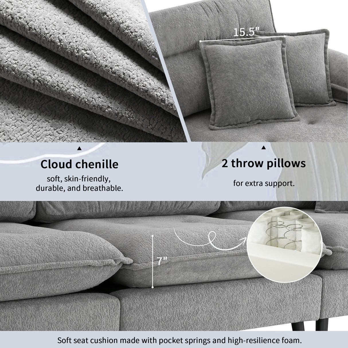 L shape Sectional Sofa with Cloud Chenille Fabric and Ottoman - Gray