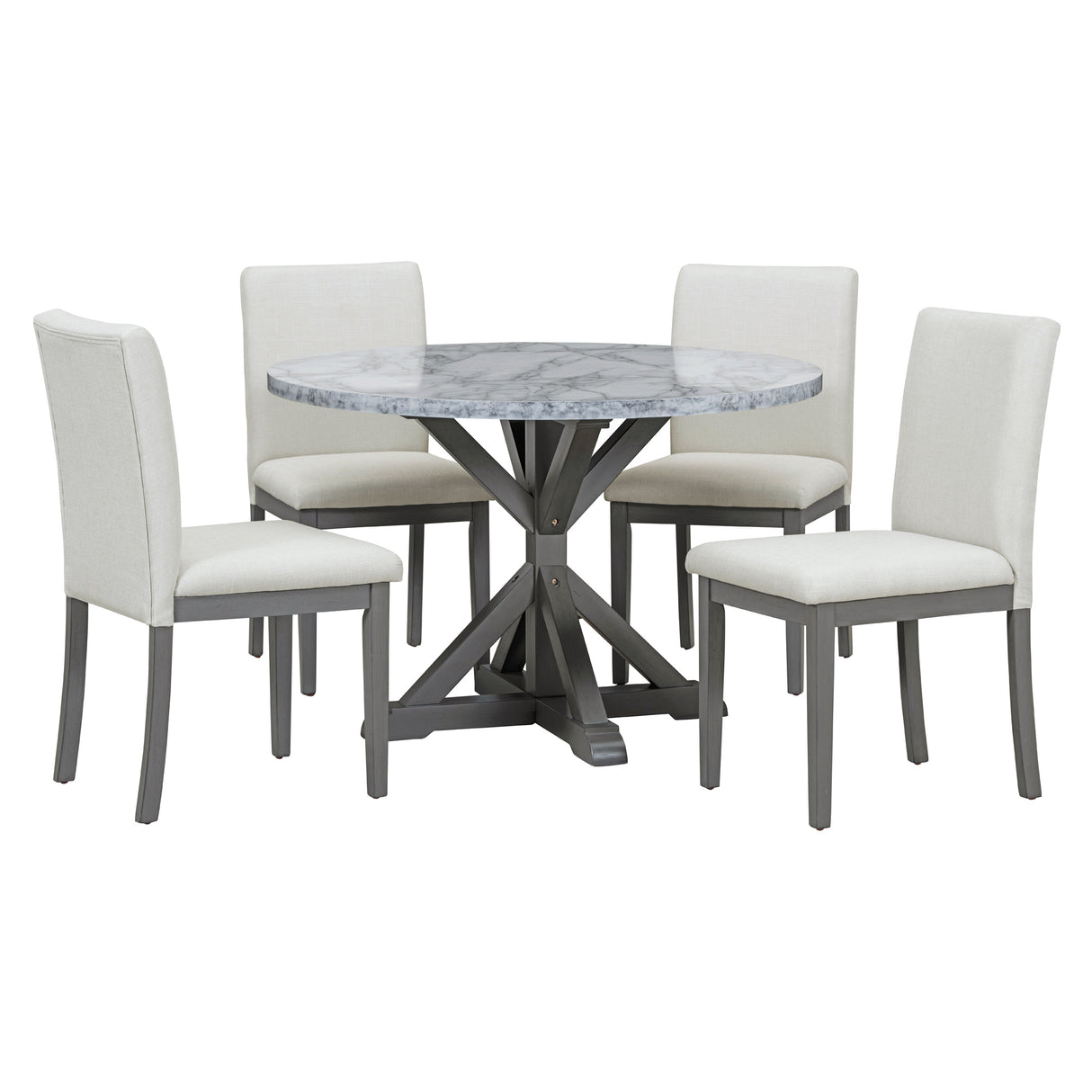 Dining Set with Faux Marble Top and 4 Upholstered Chairs (White+Gray)