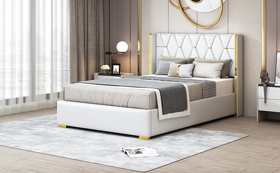 Full Size Upholstered Platform Bed with Metal Strips, Off-white