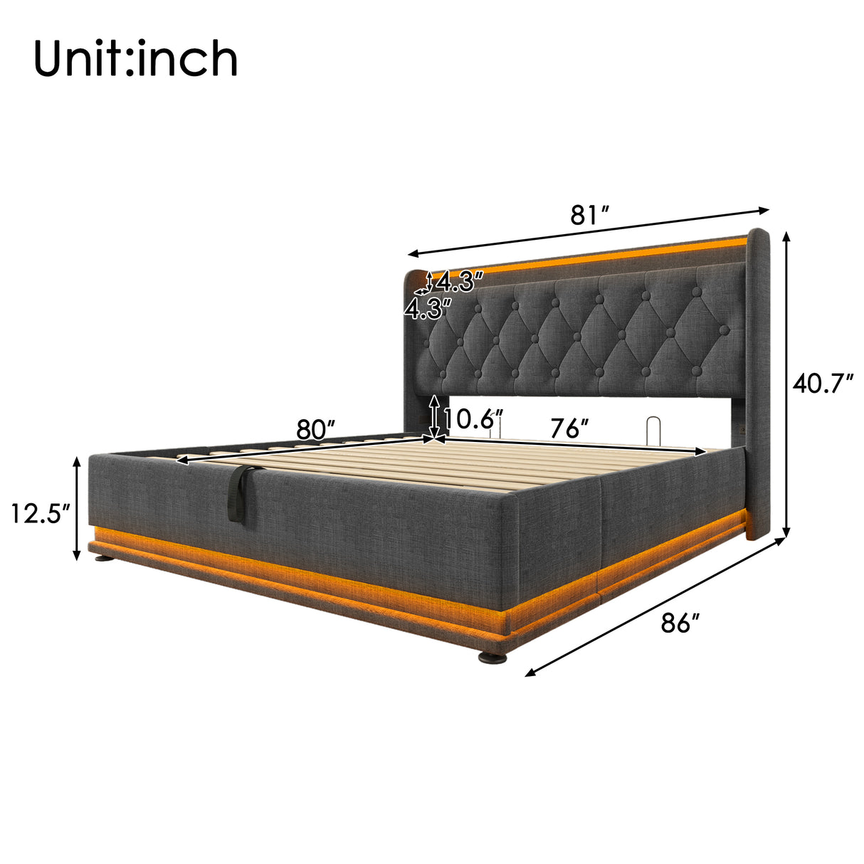 King Upholstered Bed With 360 Surround LED, Remote Control, Hydraulic Storagew and USB Type-C Charging - Gray