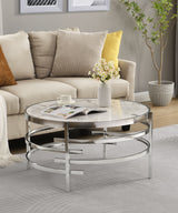 32.48'' Chrome Round Coffee Table With Sintered Stone Top & Sturdy Metal Frame - Silver