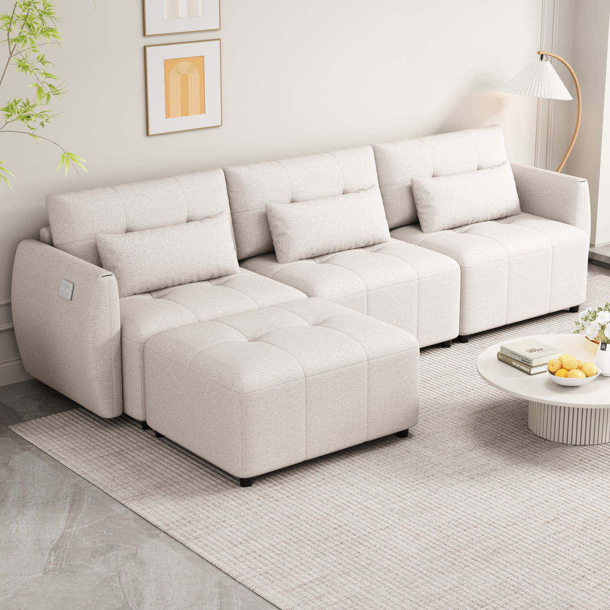 113.3" Modular Sectional Sofa with Ottoman and USB and USB-C Ports - Beige