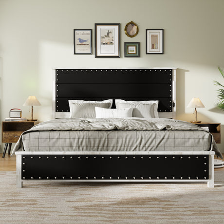 King Size Bed with Upholstered Headboard, Charging Station and LED Lights, Dark Grey