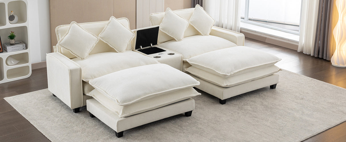 112.6" Chenille Upholstered Sofa with Two Ottomans, Two USB Ports, Two Cup Holders and Large Storage Box - Beige