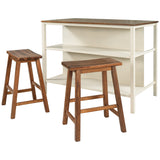 Rustic 3-piece 45" Stationary Kitchen Island Set with 2 Stools and 2 Open Shelves - Walnut + Off White