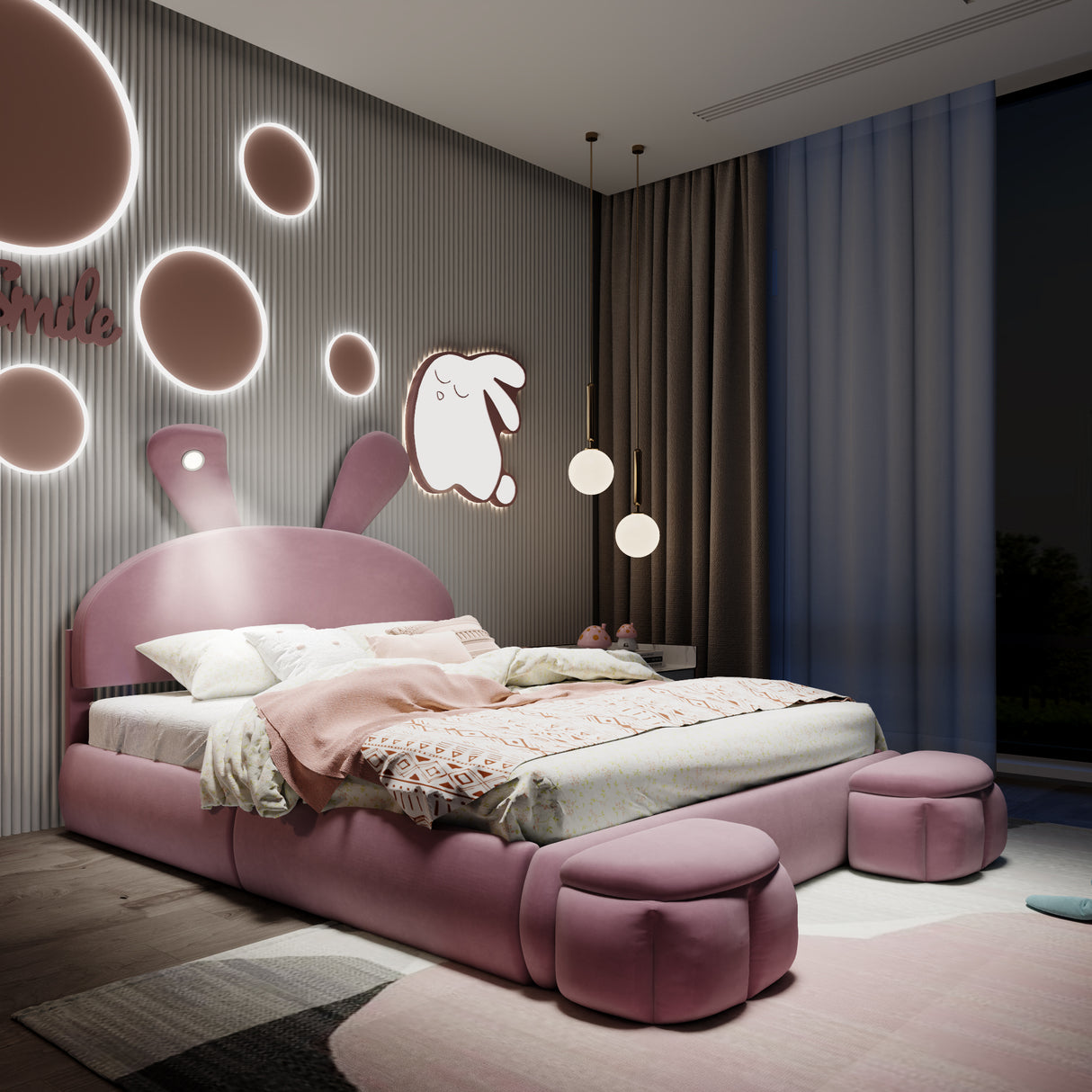 Full Size Upholstered Platform Bed with Cartoon Ears Shaped Headboard and Light, Pink