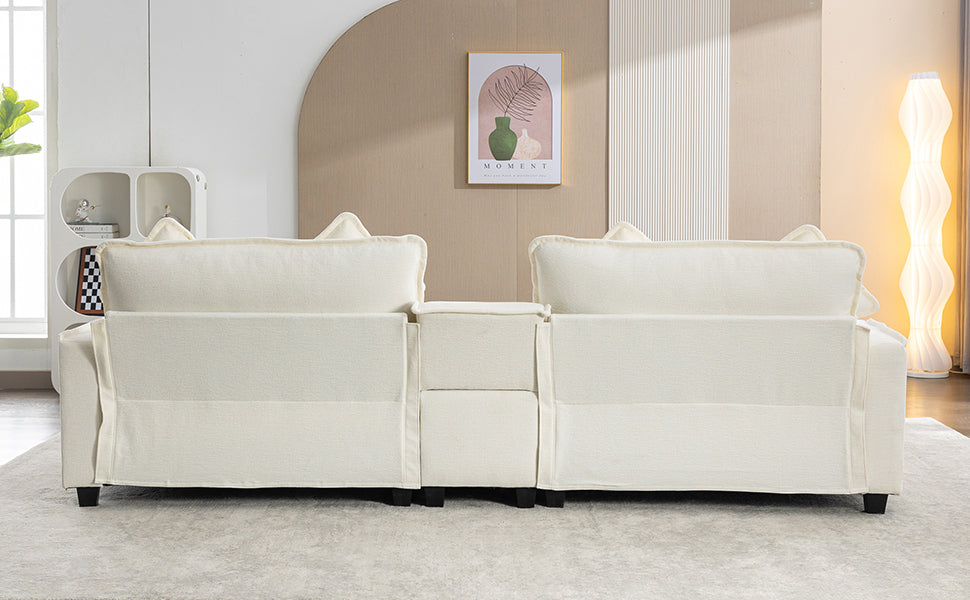 112.6" Chenille Upholstered Sofa with Two Ottomans, Two USB Ports, Two Cup Holders and Large Storage Box - Beige