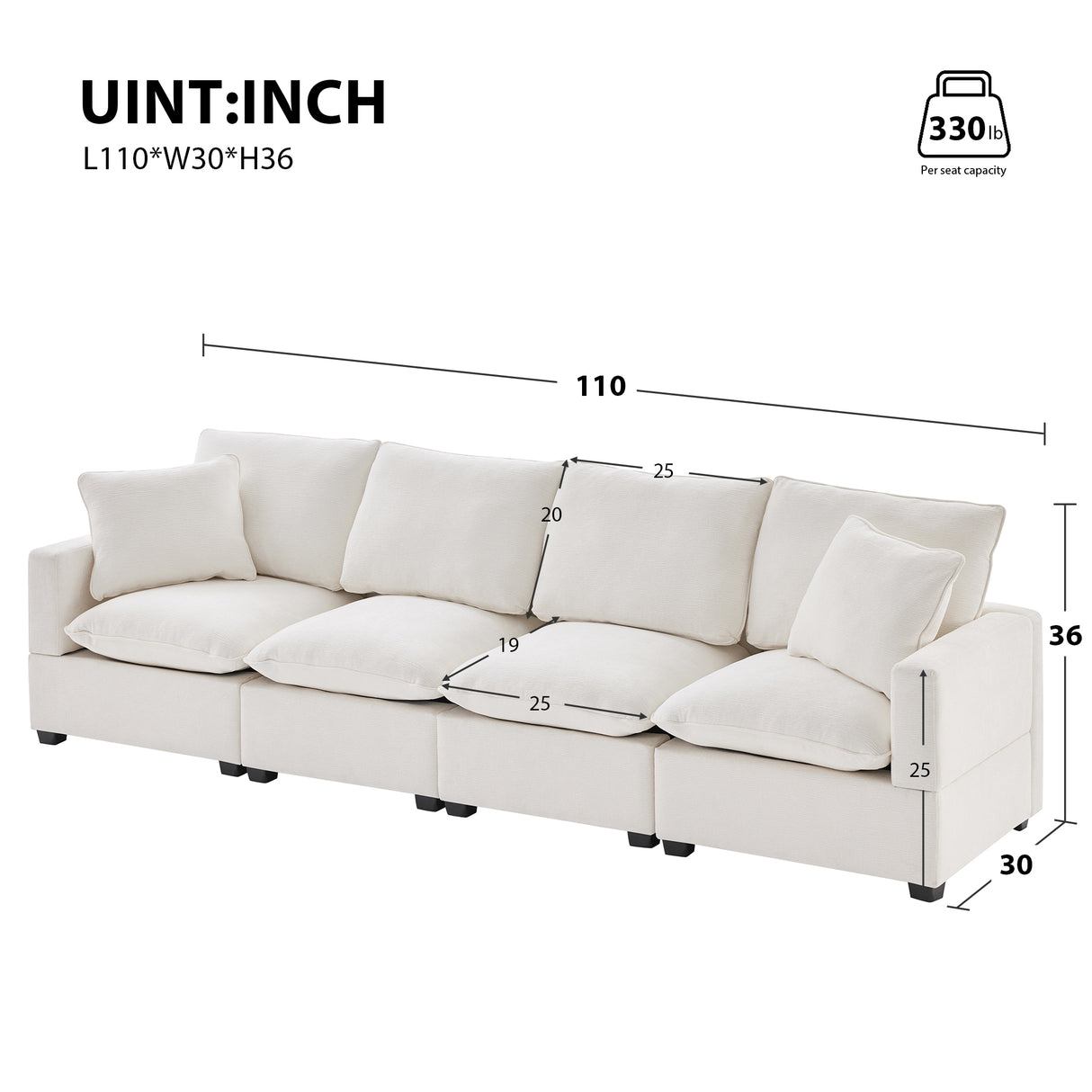 Modern Chenille  Modular Sofa with 2 Pillows - White