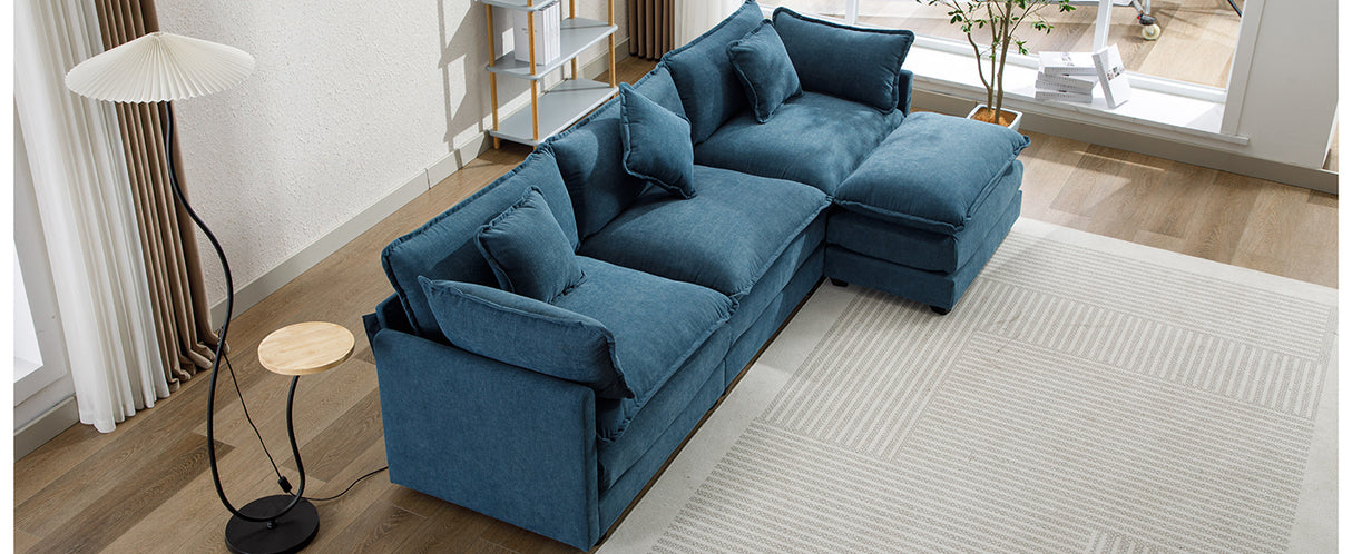 112.2" Chenille Upholstered Sofa with Ottoman and 5 Pillows - Blue