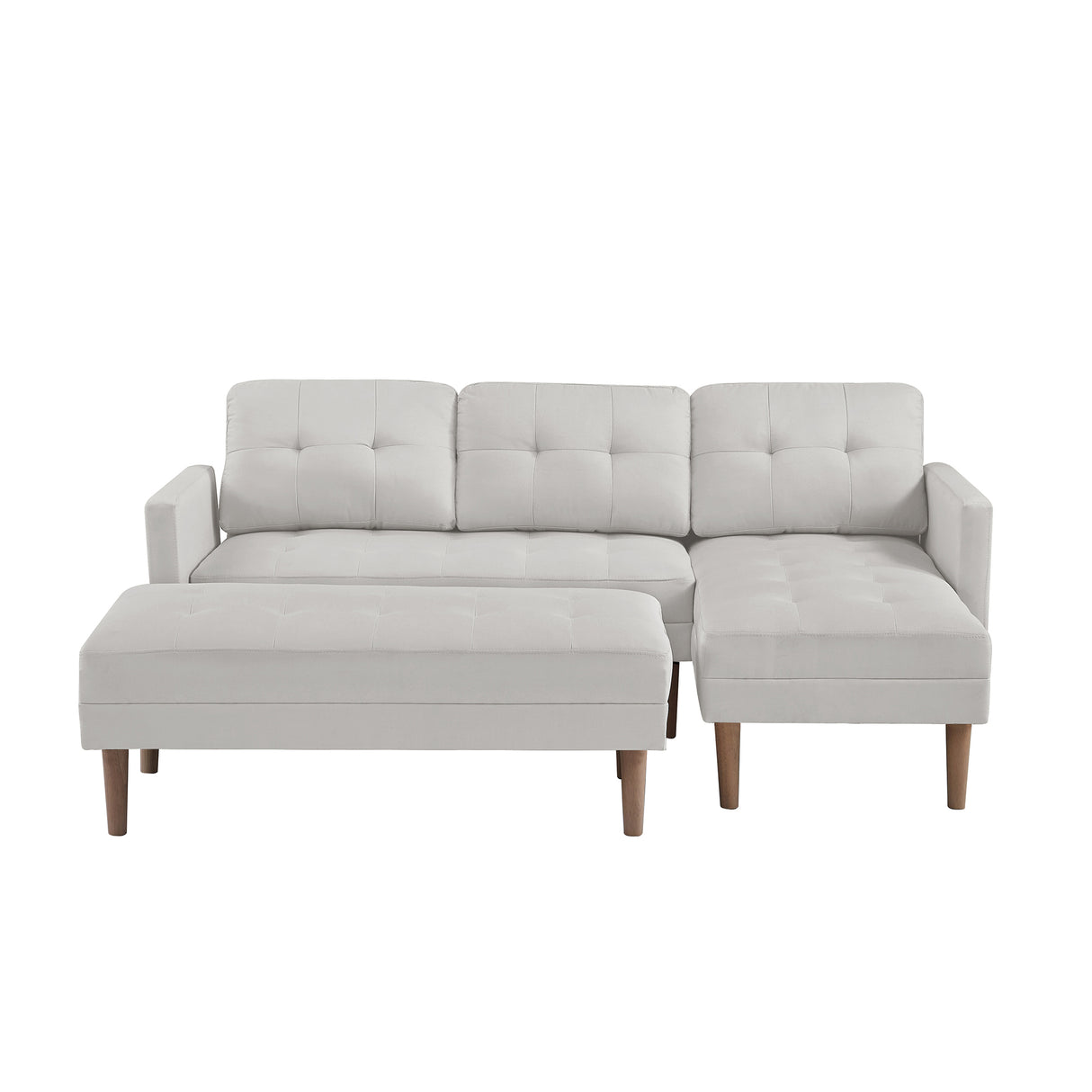 White Fabric Right Facing Sofa Chaise with Ottoman - White