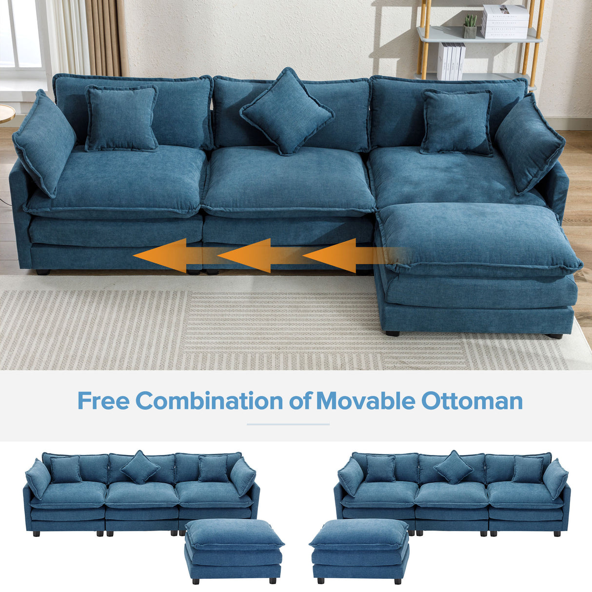 112.2" Chenille Upholstered Sofa with Ottoman and 5 Pillows - Blue