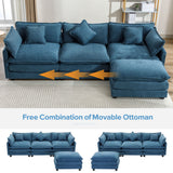 112.2" Chenille Upholstered Sofa with Ottoman and 5 Pillows - Blue