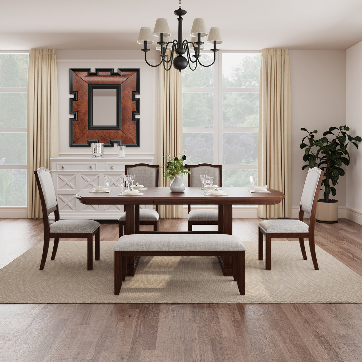 6-Piece Dining room Set With One extending Leaf, Upholstered bench and Chairs - Cherry