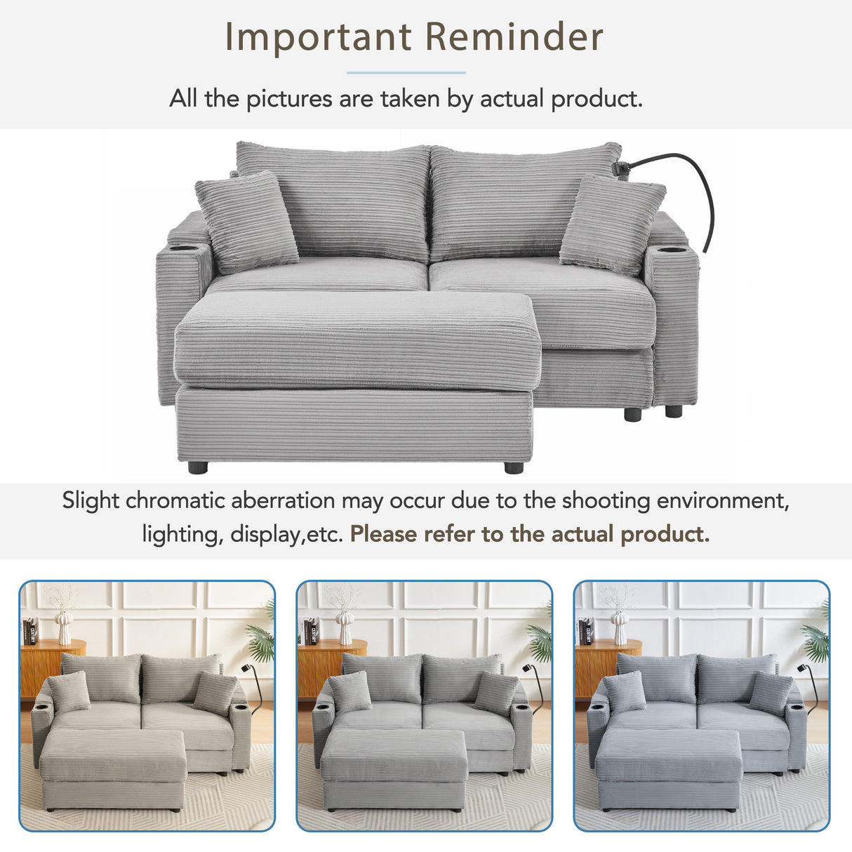 72.8" Modern Style Loveseat with Storage Space, Movable Ottoman, Two USB Ports, Two Cup Holders and Phone Holder - Gray