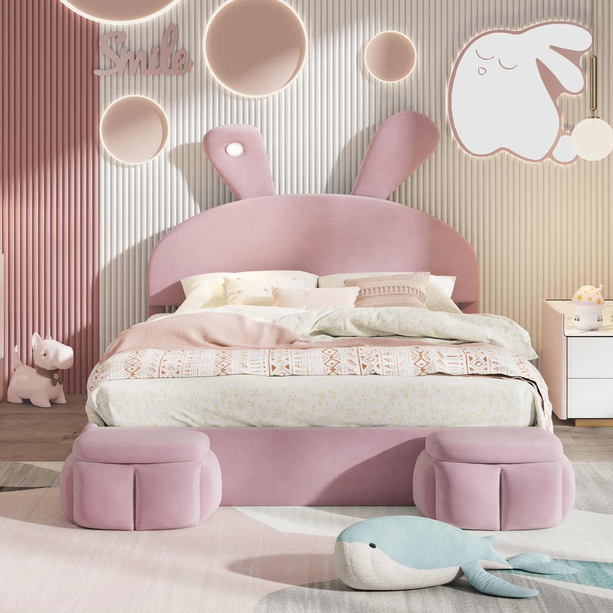 Full Size Upholstered Platform Bed with Cartoon Ears Shaped Headboard and Light, Pink