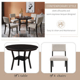 5 Piece Round Dining Table With Bottom Shelf, and 4 Upholstered Chairs - Espresso